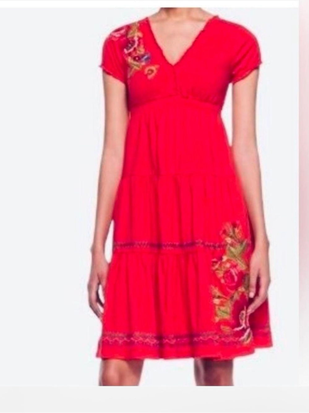Johnny Was Los Angeles Red Embroidered Tiered V-Neck Dress NWT